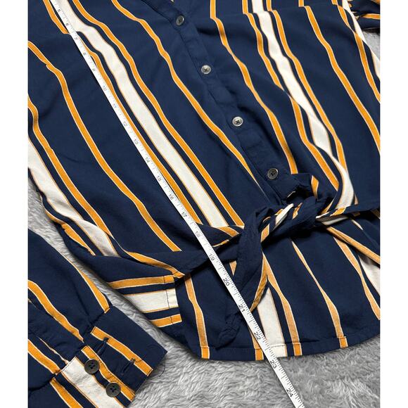 Roxy Suburbs Vibes Stripes Top Women's M Navy Yellow Button Tie Collared Button - Picture 3 of 11